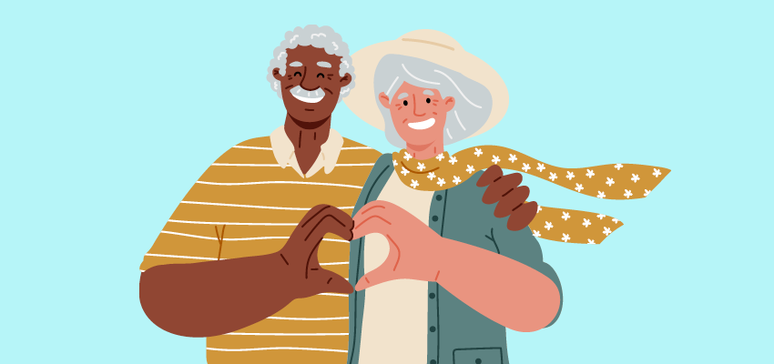 An illustration of two older people making a heart with their hands