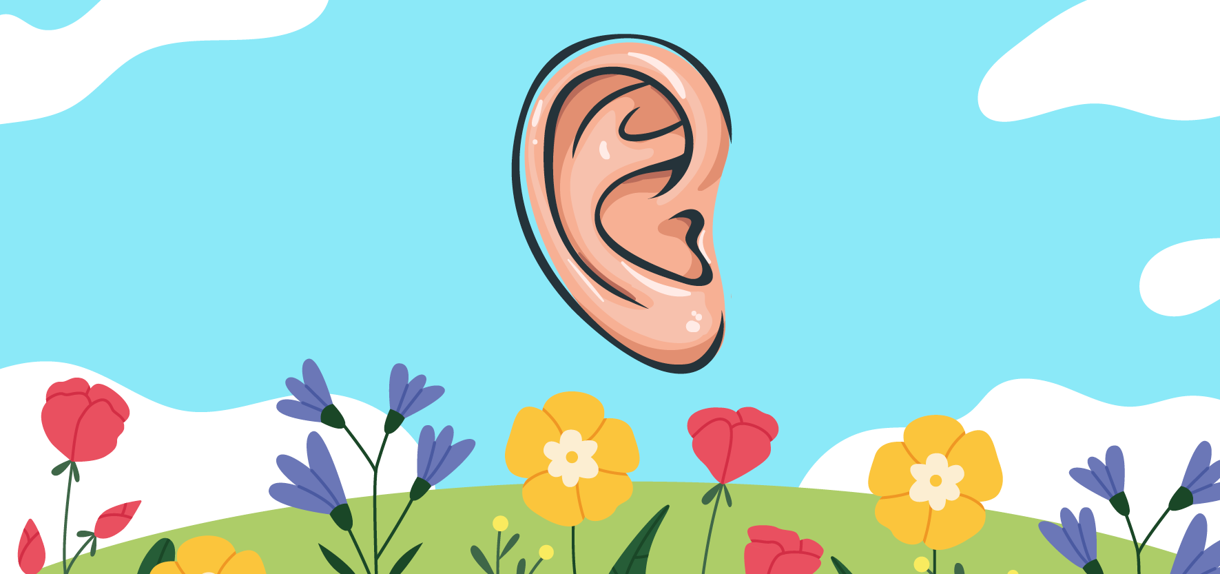An illustration of an ear floating in the sky above Spring flowers