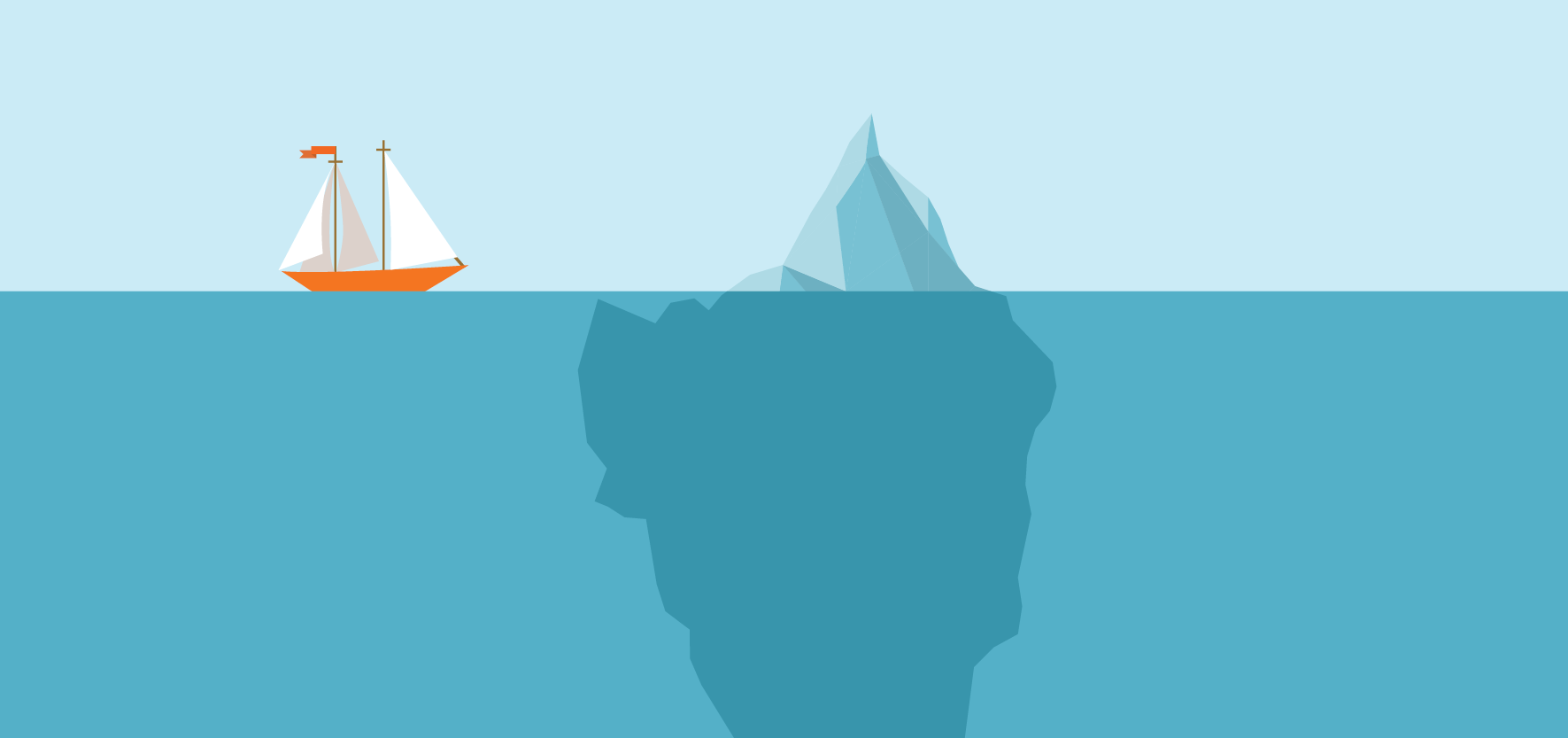 An illustration showing a small orange sailboat on a flat blue sea, positioned next to a large iceberg with most of its mass hidden beneath the water